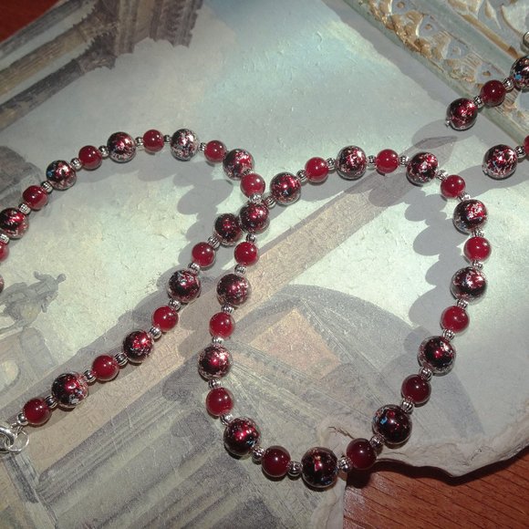 Handcrafted necklace/earrings with striking burgundy & silver accents - Picture 10 of 10